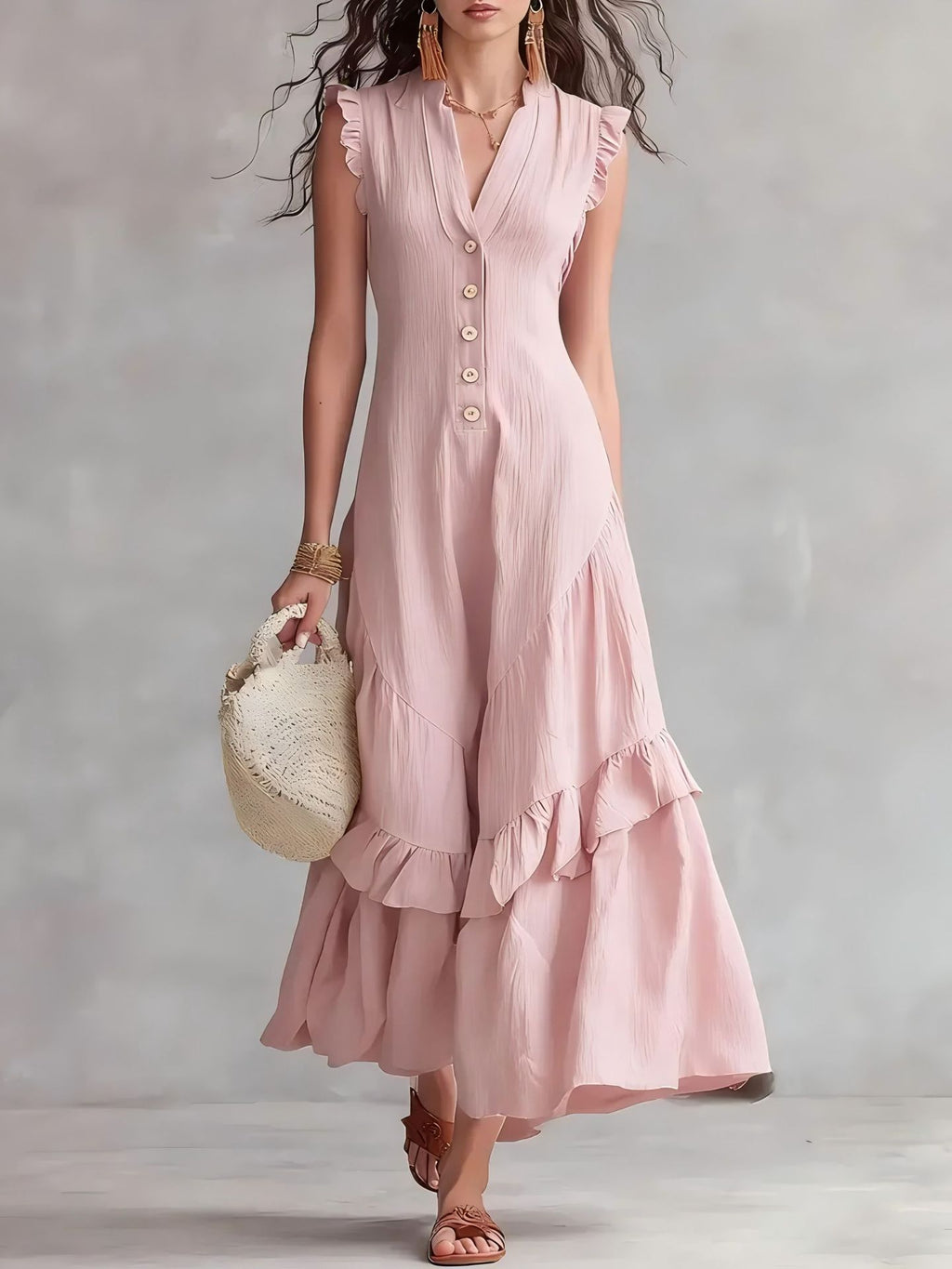 Woman wearing a pink dress holding a white bag against a gray background