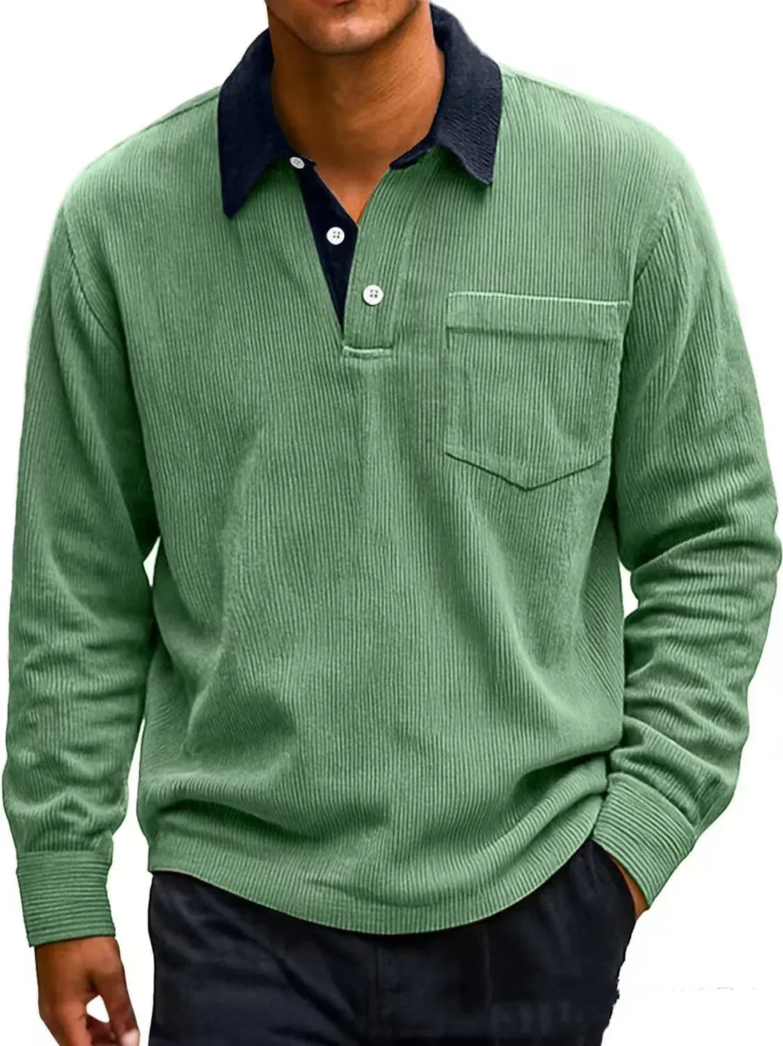 Green corduroy shirt with a pocket on a white background