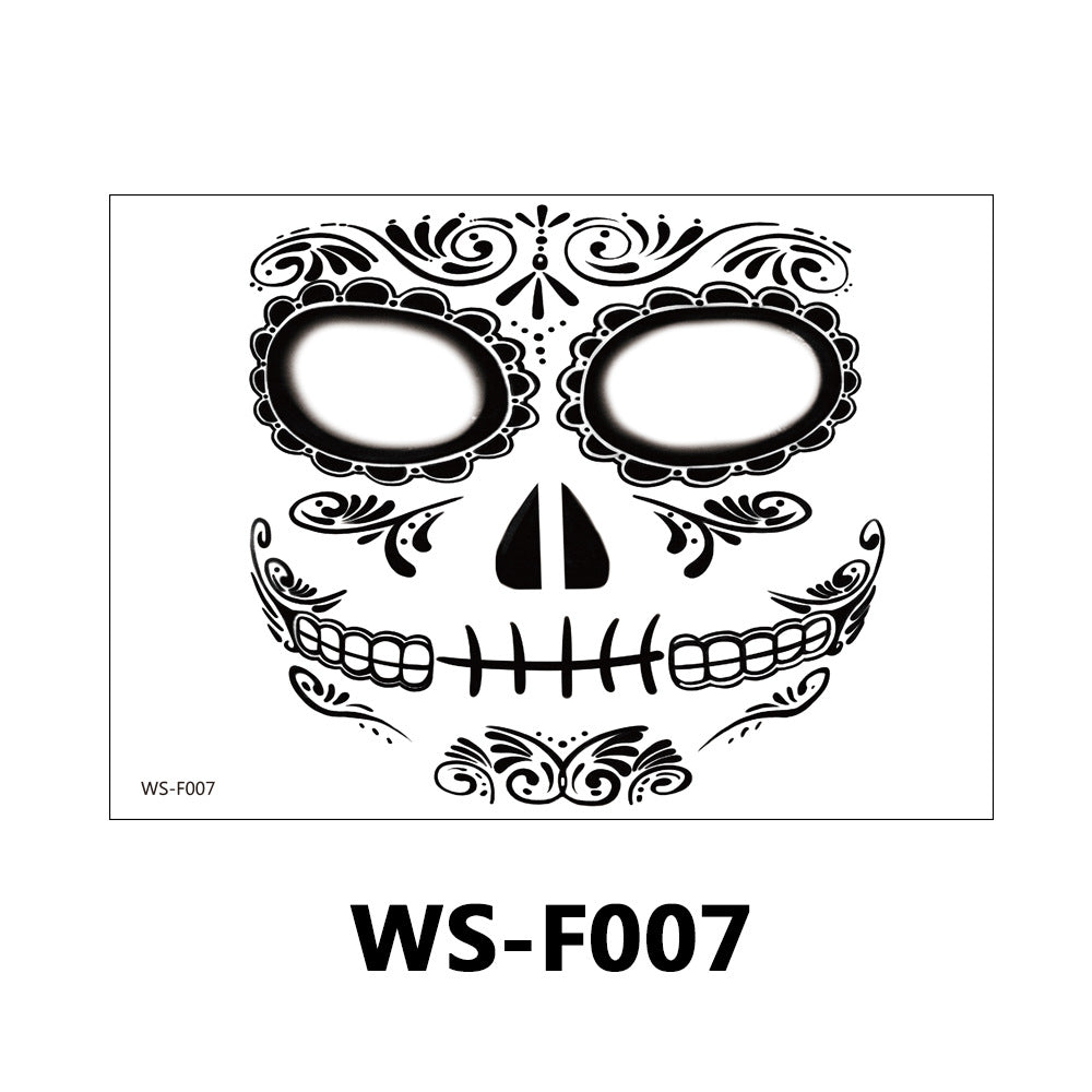 Black sugar skull temporary tattoo design with ornate floral details on a white background, labeled WS-F007.