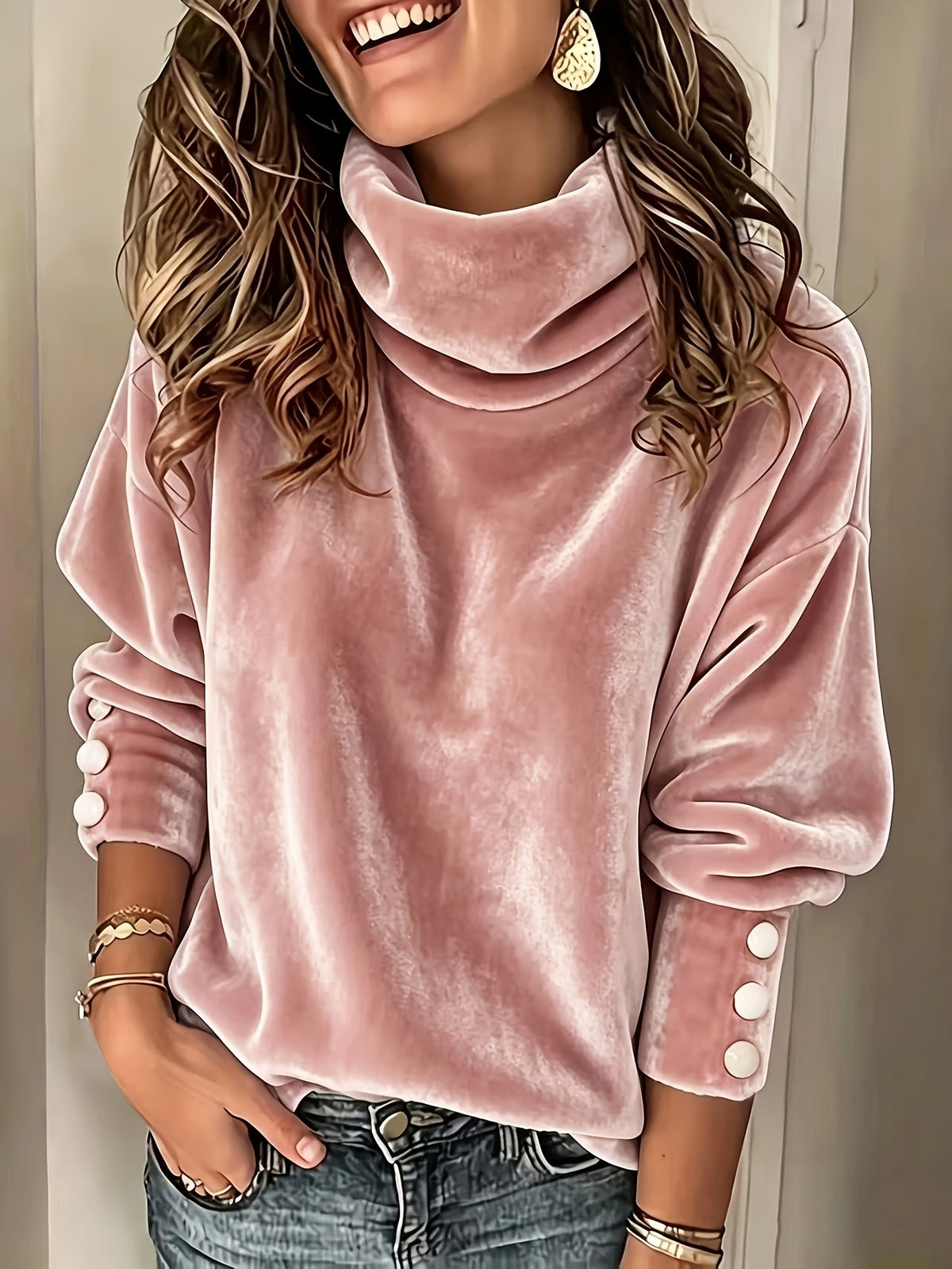 A woman wearing a dusty pink velvet long-sleeve top with a high folded collar and decorative white buttons on the cuffs, paired with blue jeans.