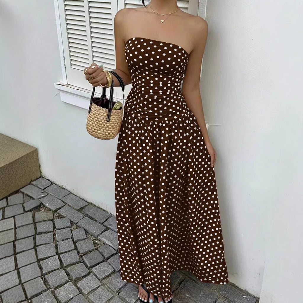 Elegant Polka Dot Off Shoulder Dress – Strapless High Waist Party Outfit