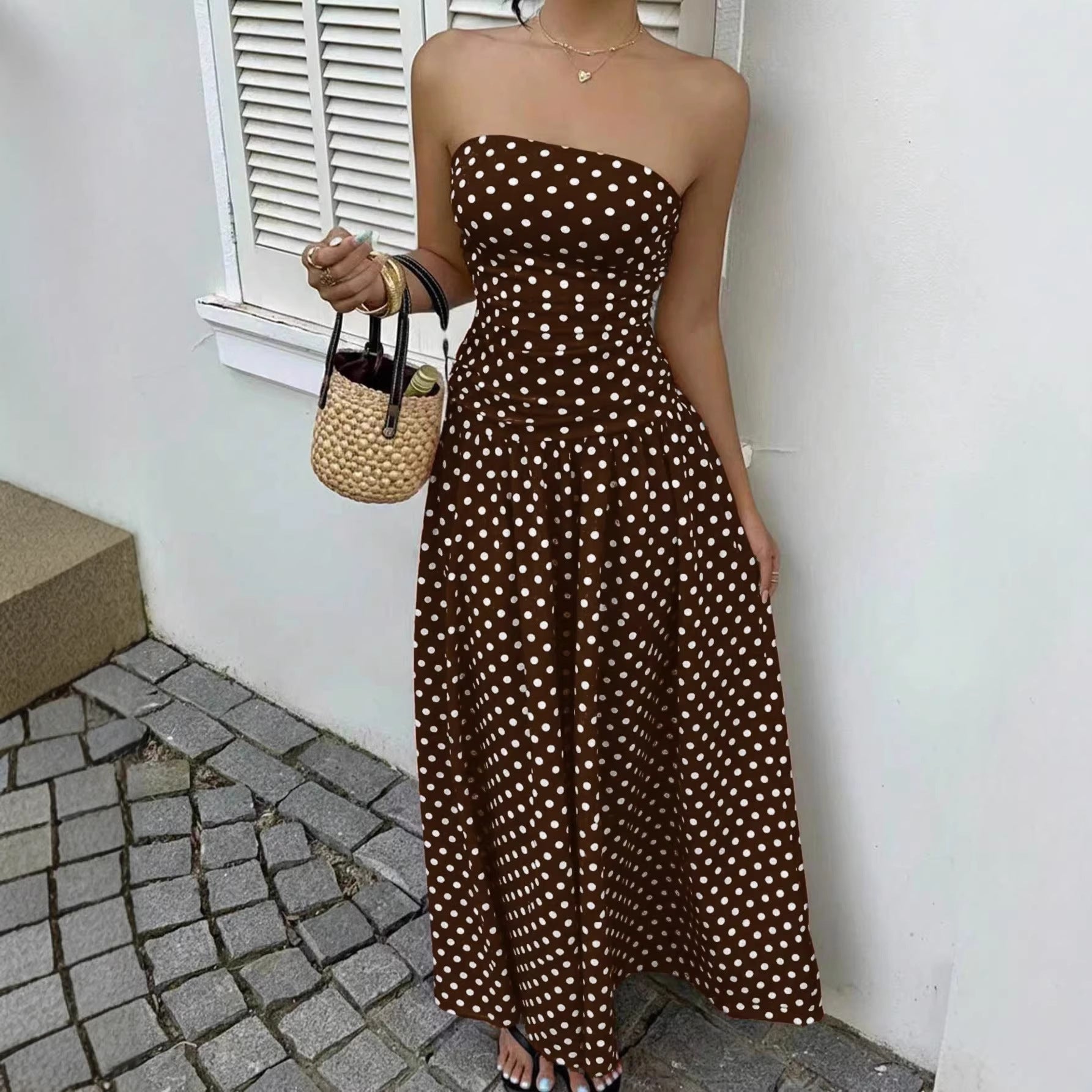Elegant Polka Dot Off Shoulder Dress – Strapless High Waist Party Outfit