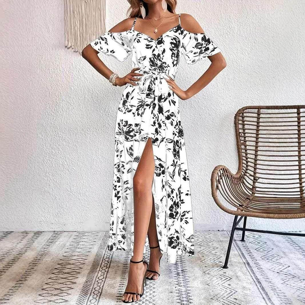 Ins Off-Shoulder Split Dress – Floral Summer Suspender Maxi with Belt - ZA-Zola