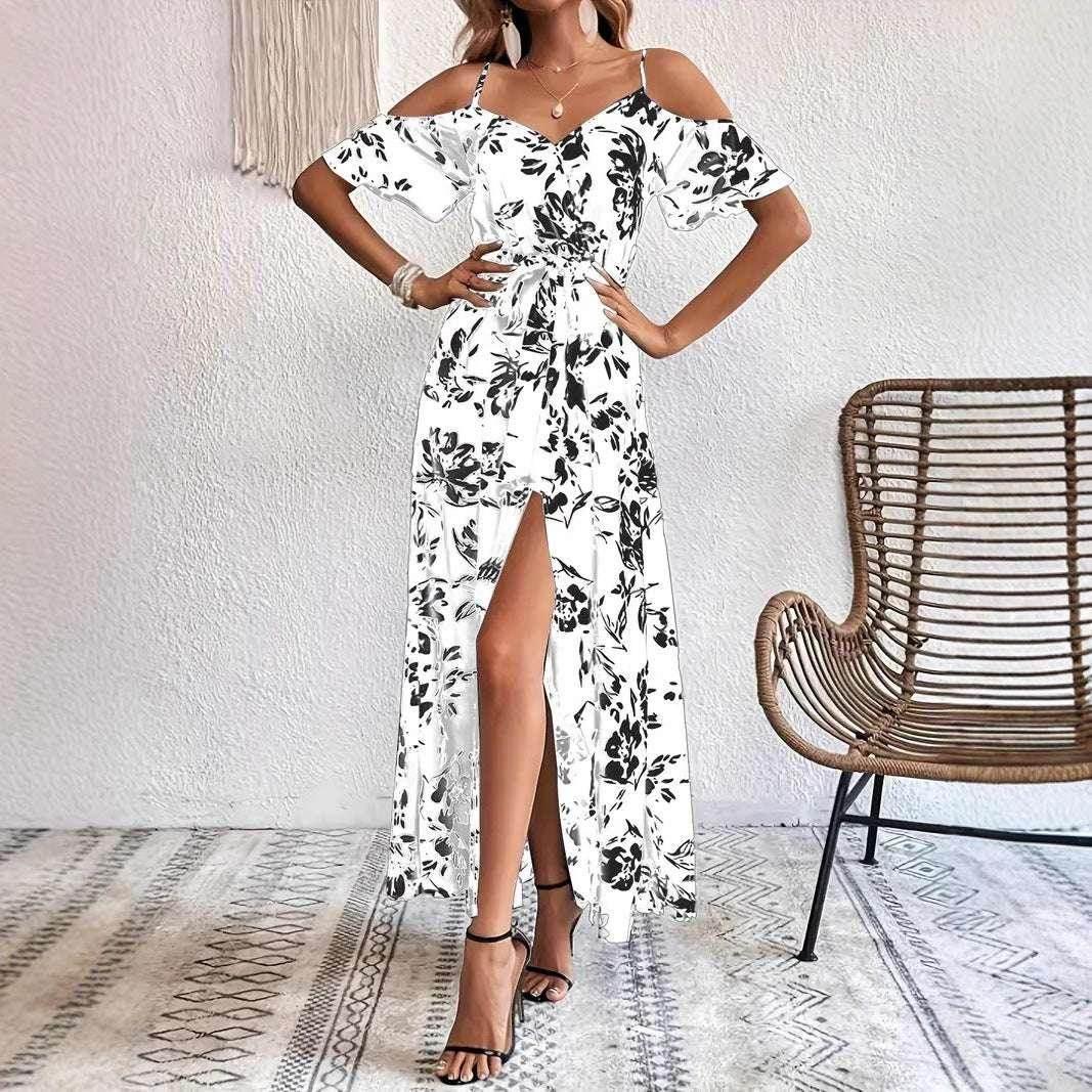 Ins Off-Shoulder Split Dress – Floral Summer Suspender Maxi with Belt - ZA-Zola