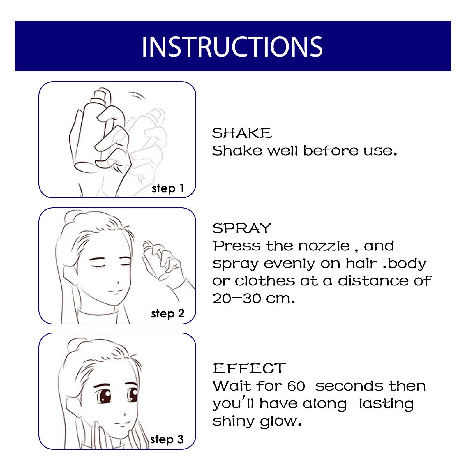 Instructions for a hair product with step-by-step illustrations and text.