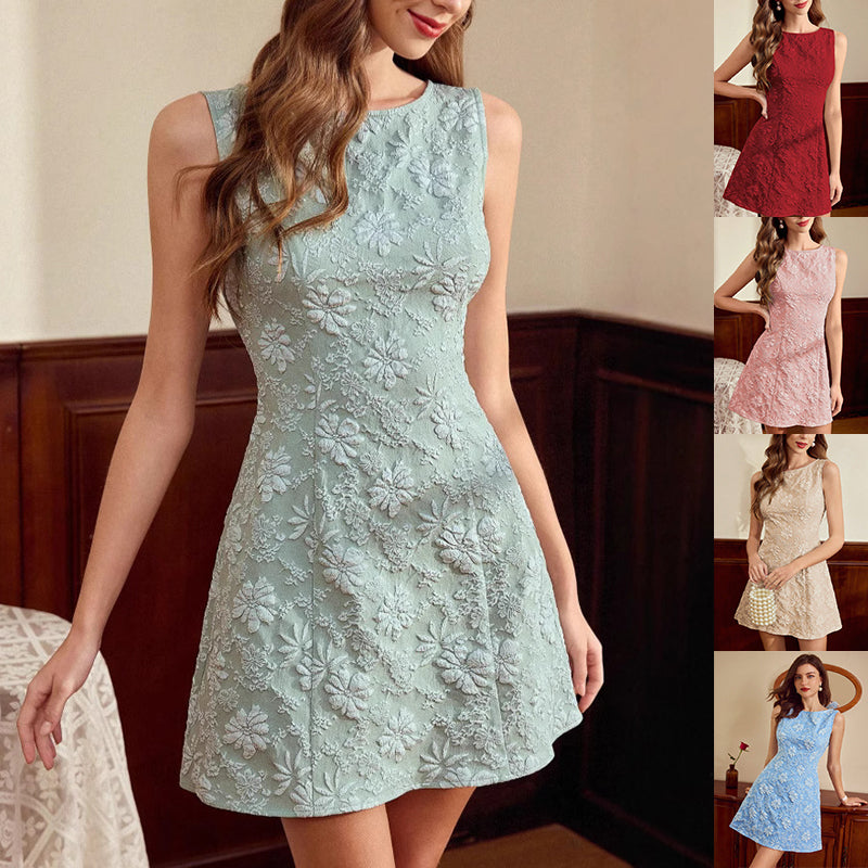 Woman wearing a light blue lace dress with additional images of dresses in different colors.