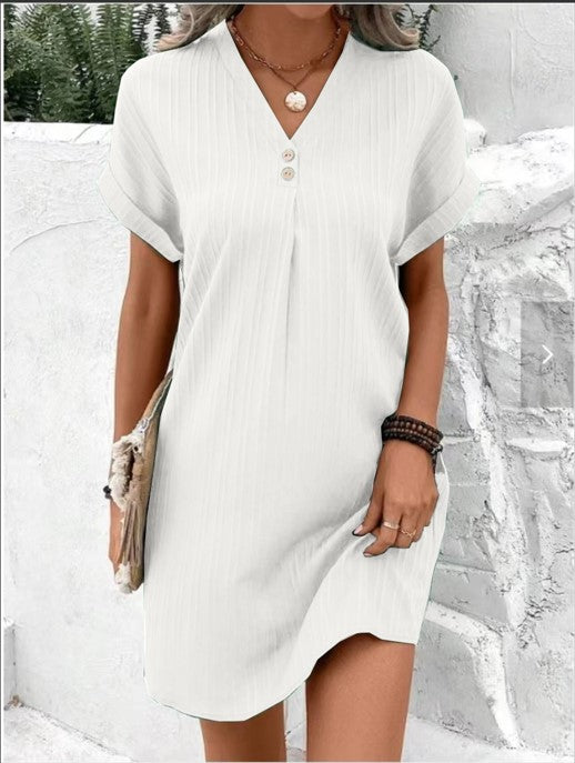 Women's V-Neck Button Strip Short Sleeve Casual Dress