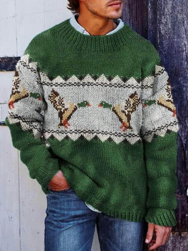 Digital Print Striped Patchwork Round Neck Sweater - ZA-Zola