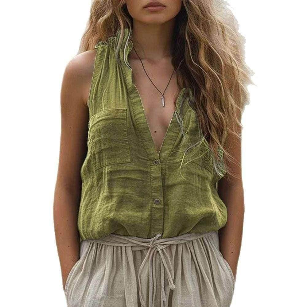 Loose Cotton Linen V-Neck Vest with Pockets - ZA-Zola