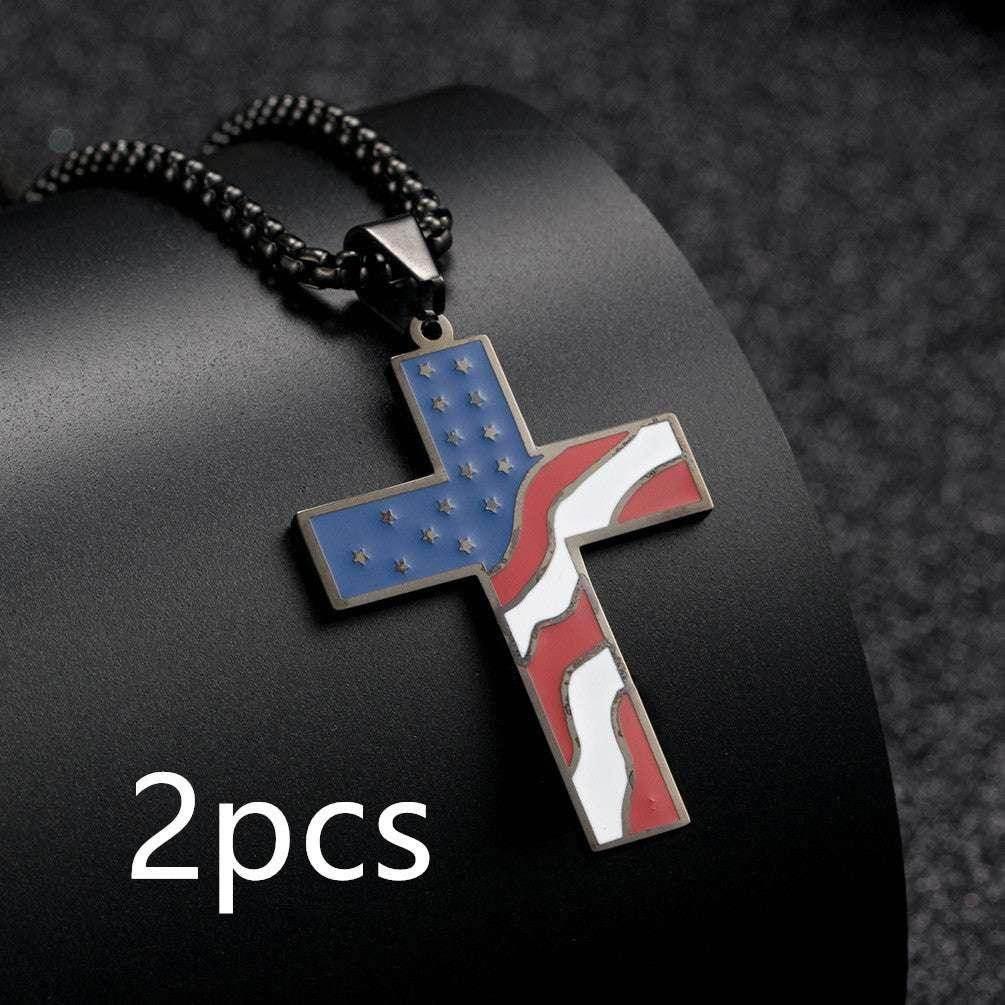 Men’s Flag Cross Necklace – Sleek Stainless Steel - ZA-Zola