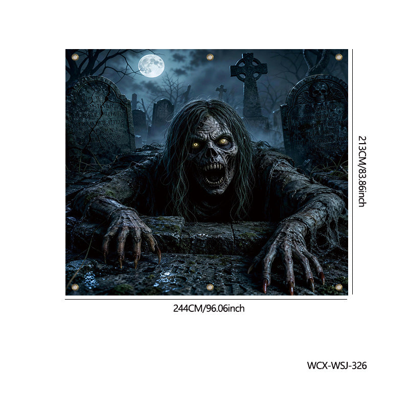 A rectangular wall art print showing a creepy zombie-like creature crawling out of a dark graveyard under a full moon, with dimensions printed around the artwork on a white background.