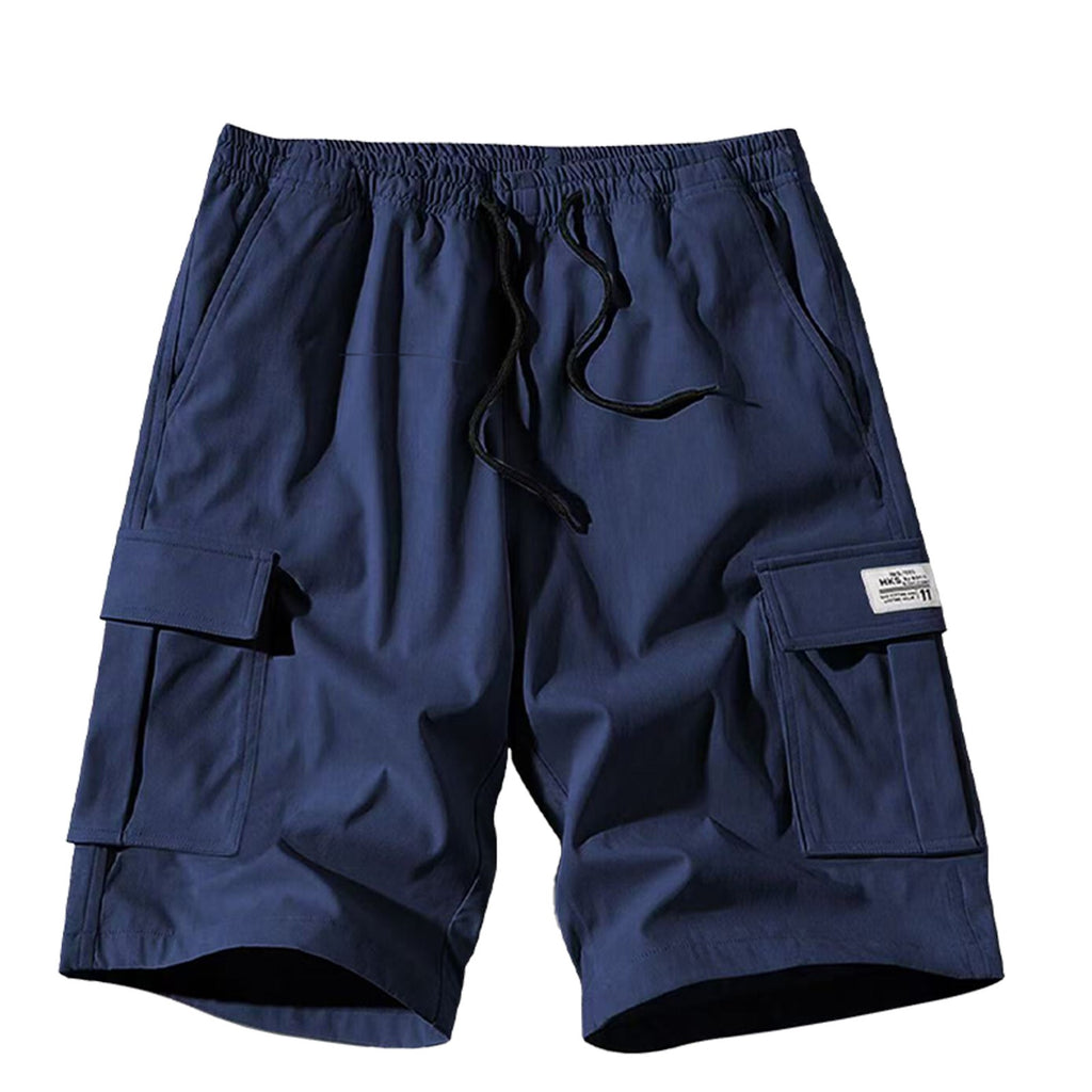 Navy blue cargo shorts with multiple pockets on a white background