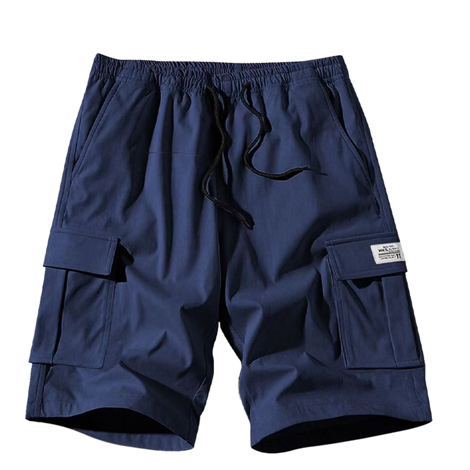 Navy blue cargo shorts with multiple pockets on a white background