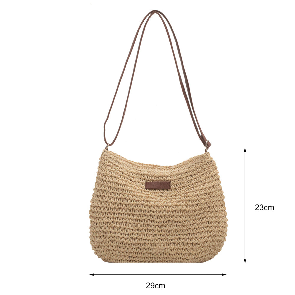 Beige woven handbag with brown strap and label, shown with dimensions on a white background