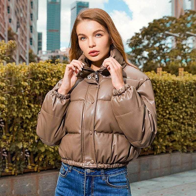 New Bread Winter Coat – Stand Collar Leather Jacket for Women - ZA-Zola