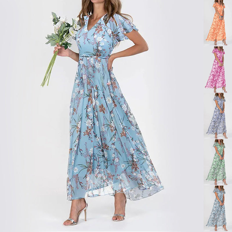 Woman wearing a floral dress with a white background