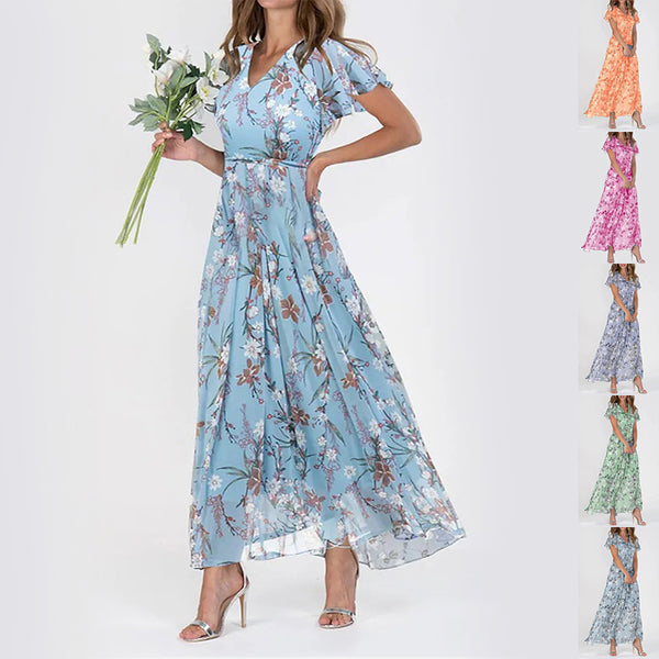 Woman wearing a floral dress with a white background