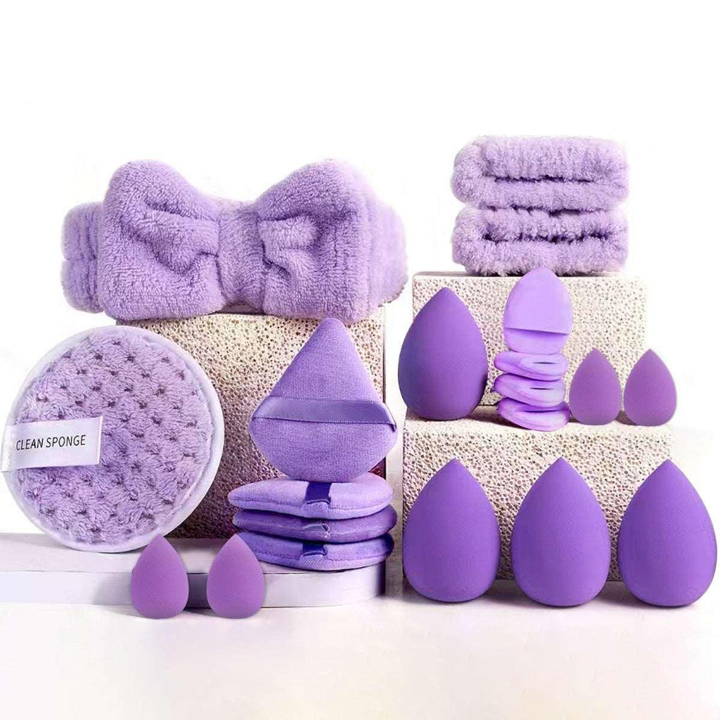 Lavender makeup sponges, cleansing pads, soft headband, and face towels beauty set