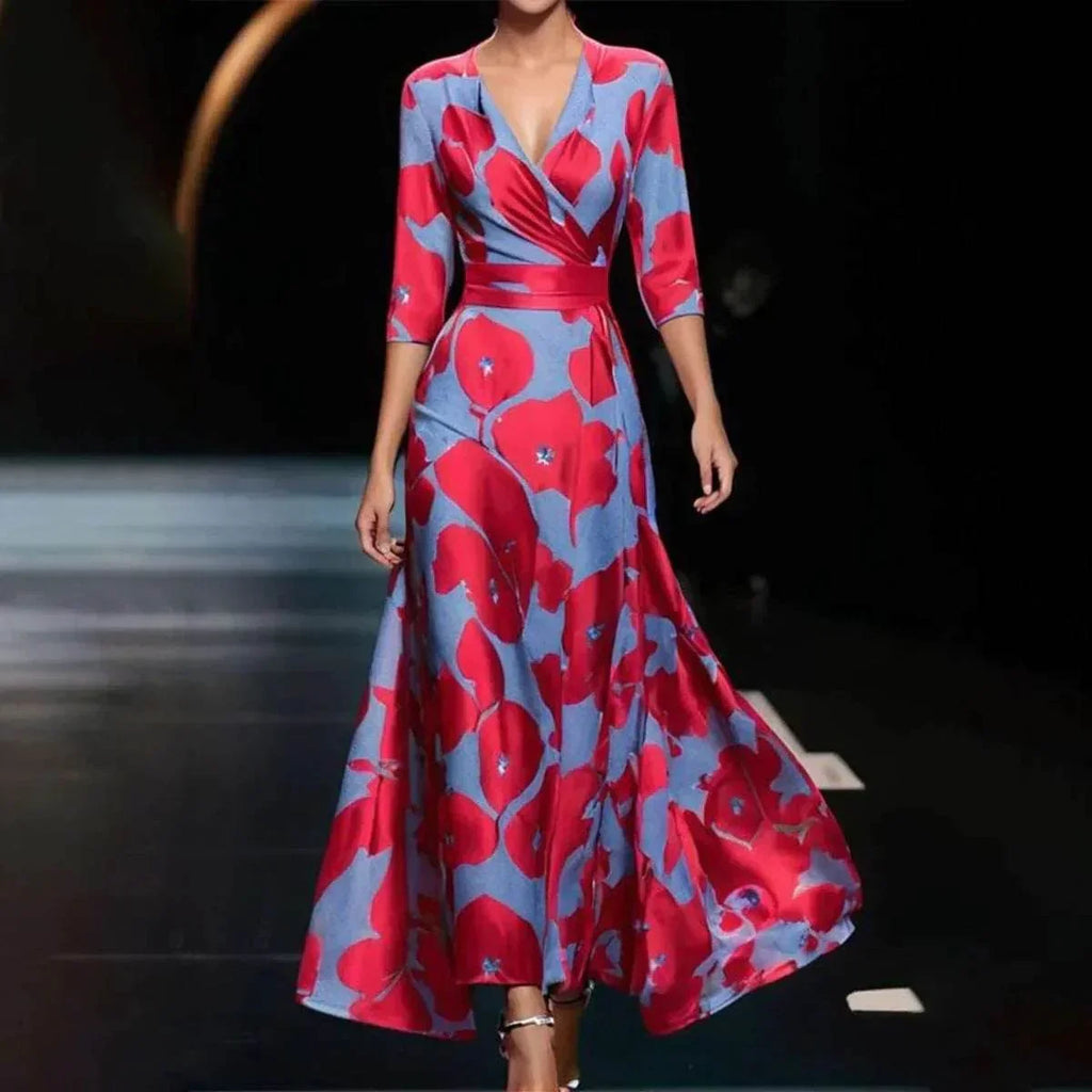 3D Print V-neck A-line Dress with Sleeves – Elegant - ZA-Zola