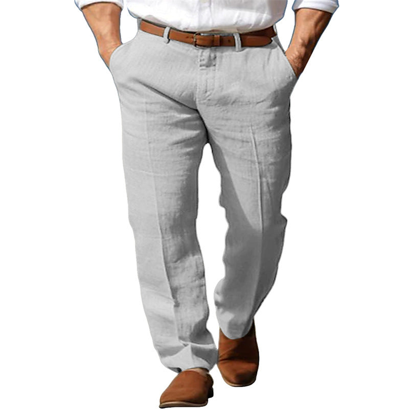 Light gray pants worn by a person on a white background