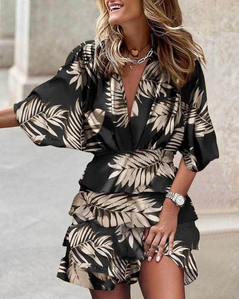 Irregular Hem Bat Sleeve V-Neck Dress – Bold Prints - ZA-Zola
