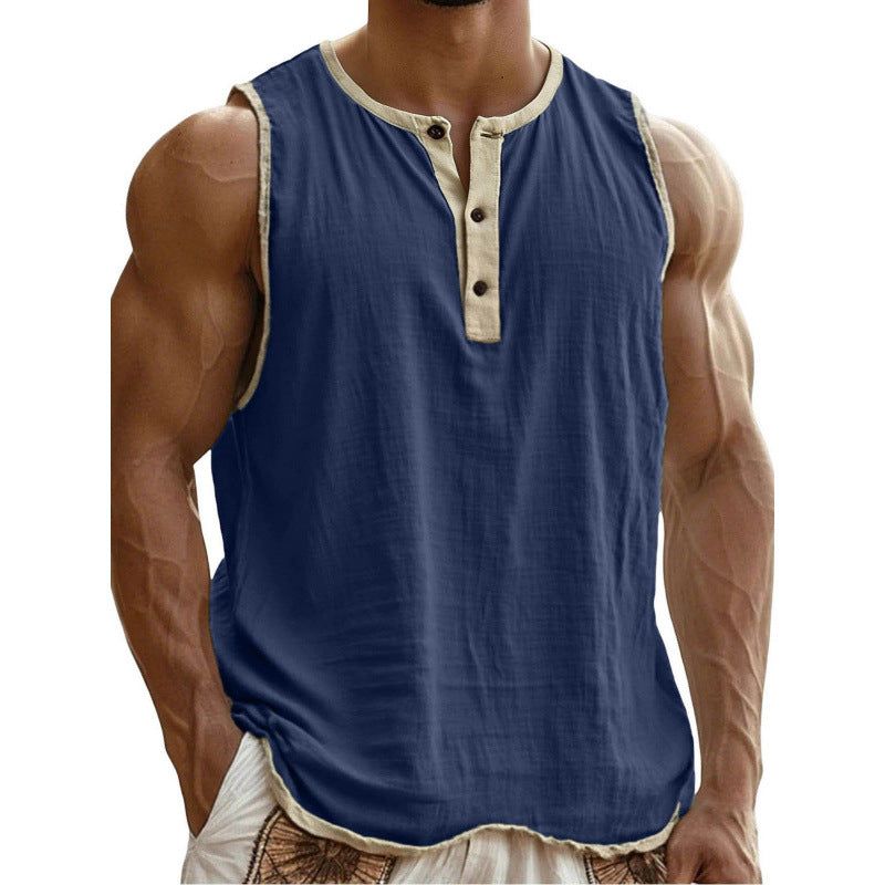 Blue sleeveless shirt with beige trim on a white background