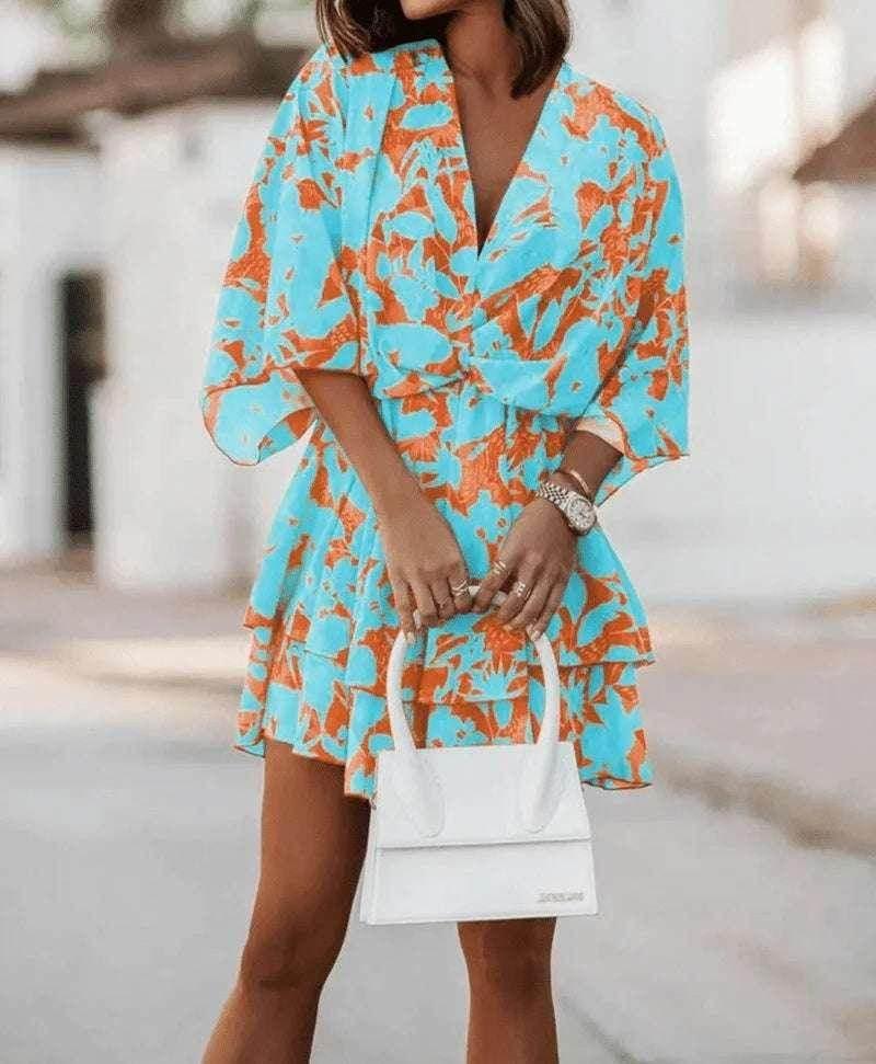 Floral V-Neck Loose Cake Dress – Summer Charm - ZA-Zola