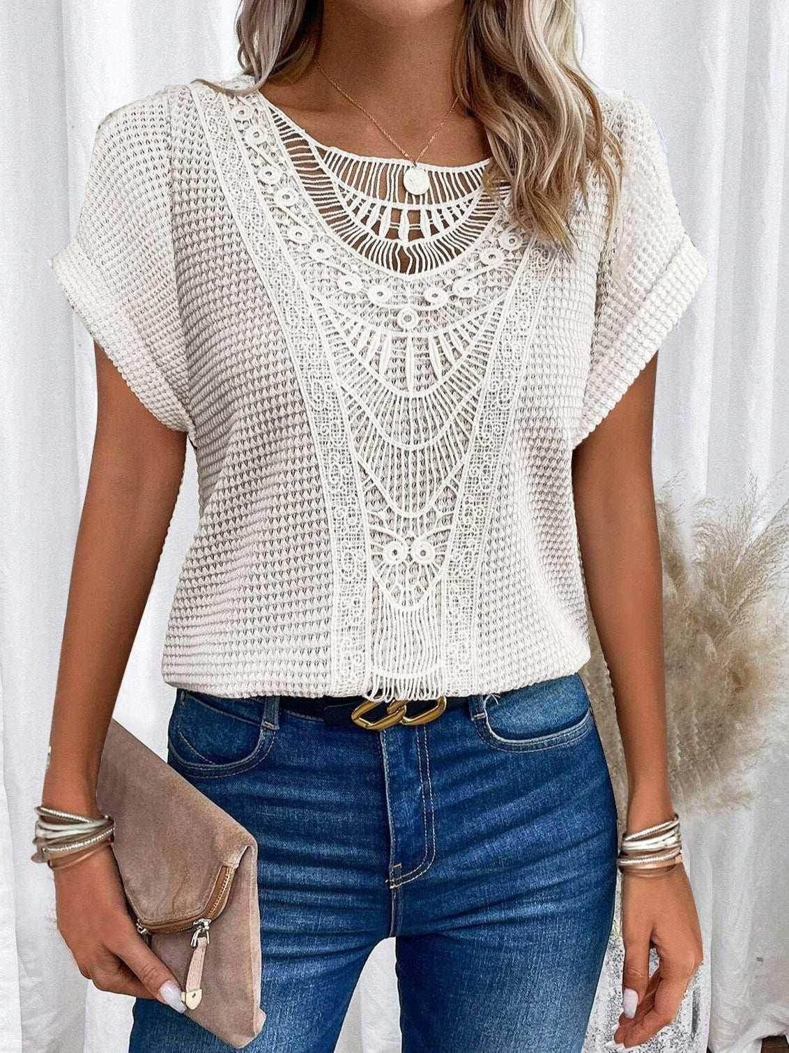 Hollow-Out Ethnic Style T-Shirt for Women - ZA-Zola