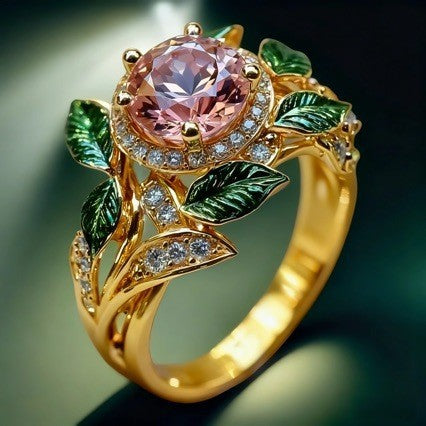Gold ring with pink gemstone and green leaves on a dark background