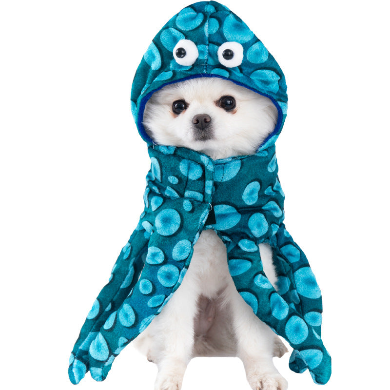 Dog wearing a blue octopus costume on a white background