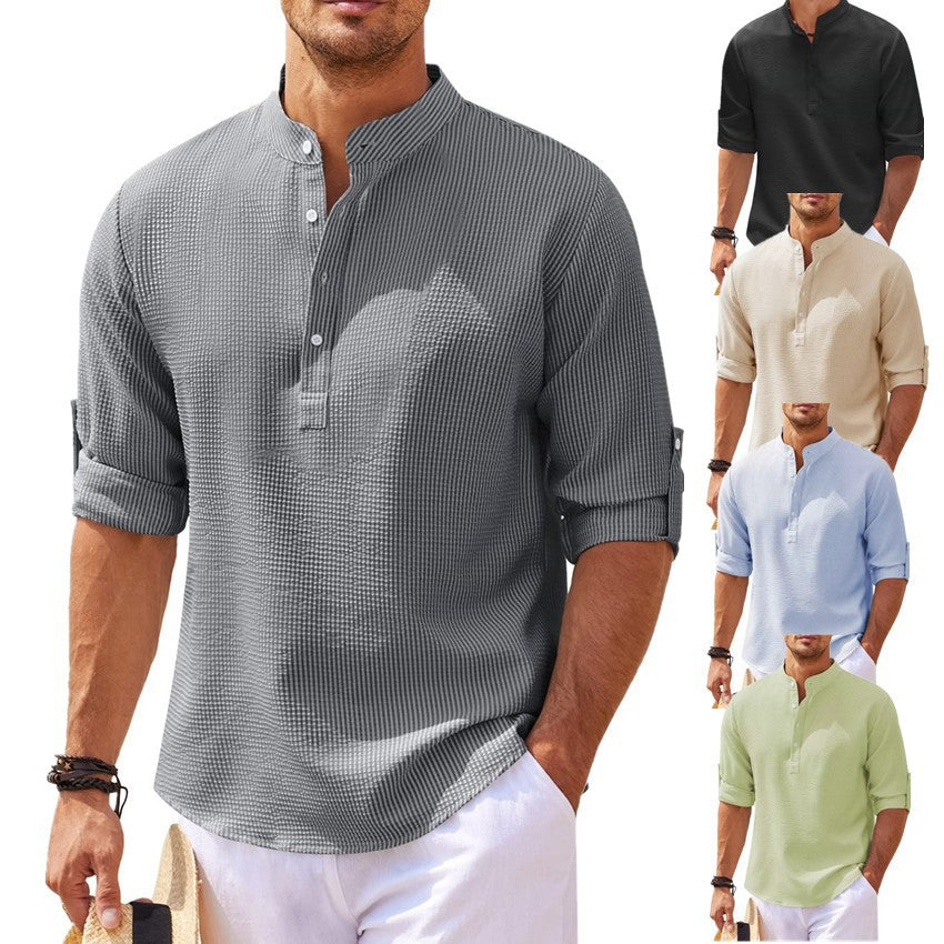 Collage of men wearing short-sleeve button-up shirts in various colors on a white background.