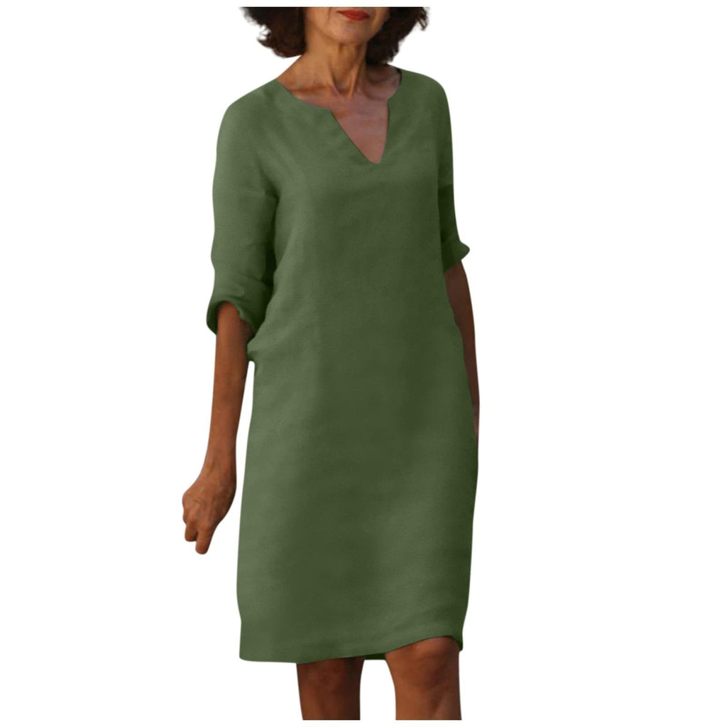 Cotton Linen V-Neck High Waist Retro Summer Dress – A-Line Solid Colour Mid-Length
