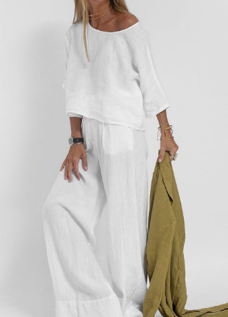 Cotton Linen Casual Pants Suit | Wide Leg