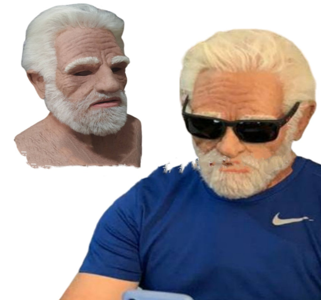 Person wearing a mask with an older man's face and sunglasses, with a close-up of the mask on the left.