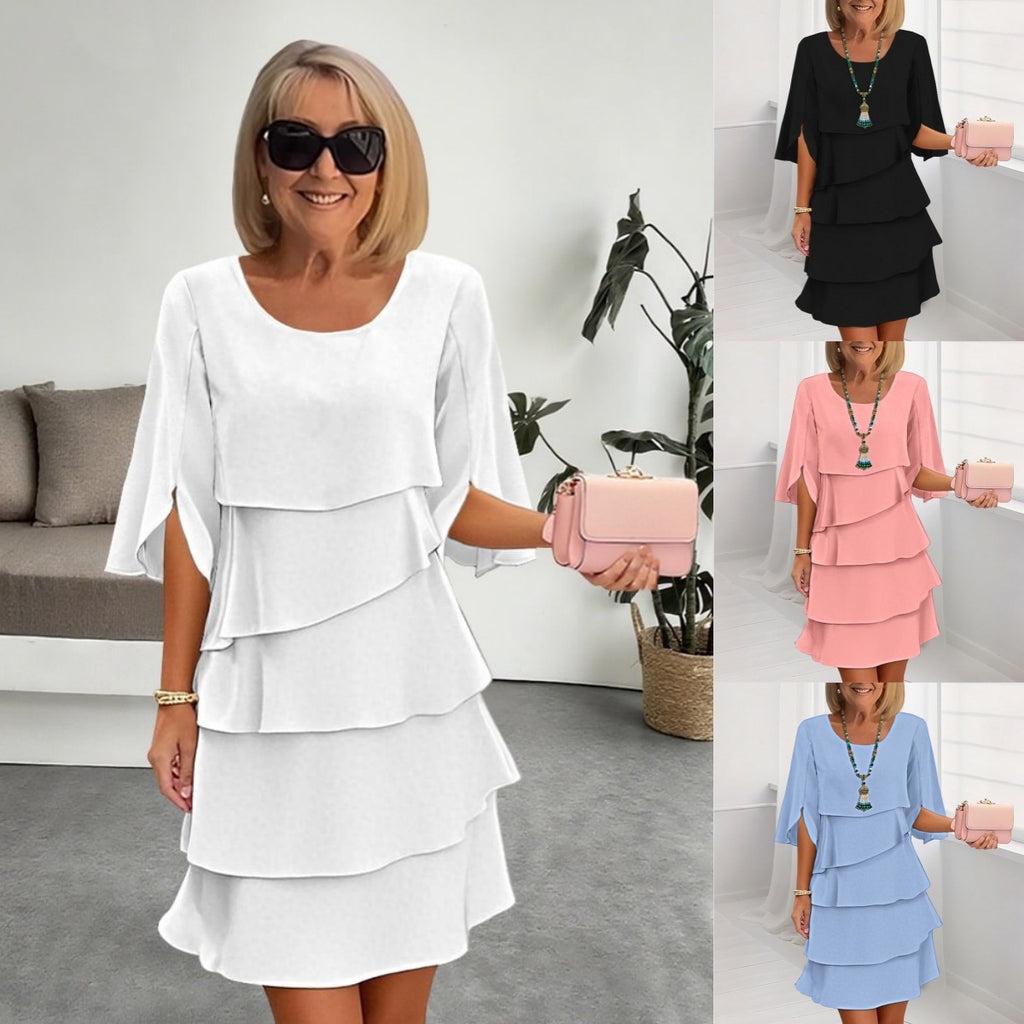 Round Neck Patchwork Cake Skirt Midi Dress for Women