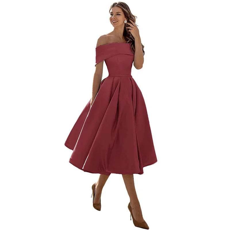 Off-Shoulder Satin Tea-Length Party Dress - ZA-Zola