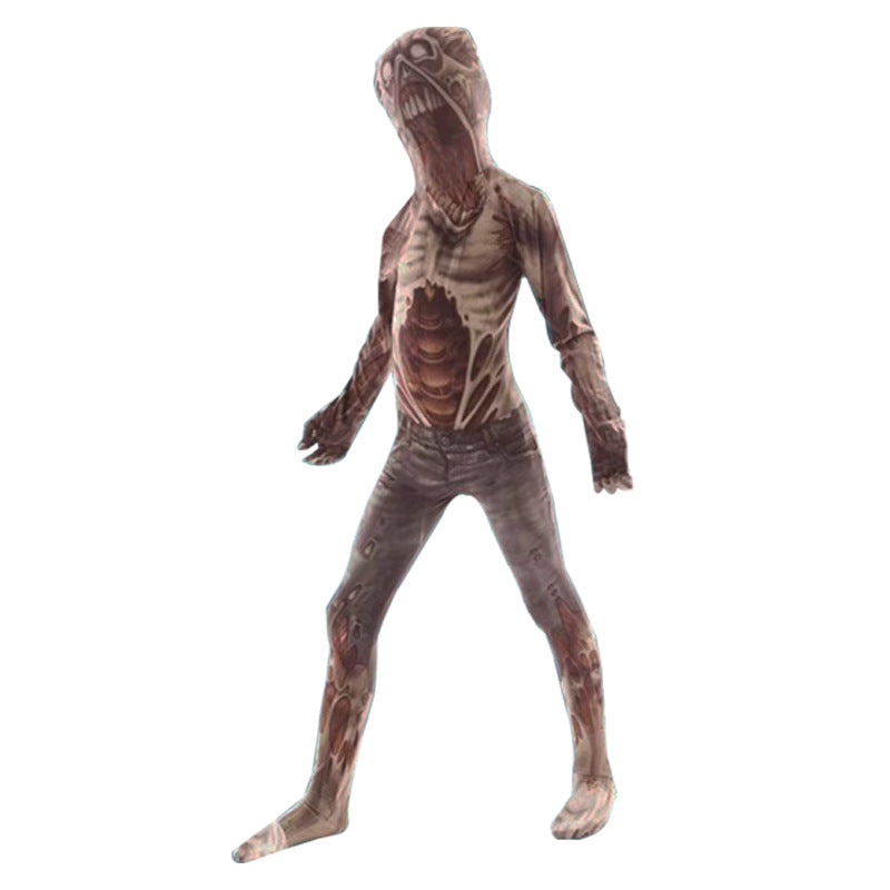 A full-body zombie costume modeled on a person, featuring a decaying flesh-toned mask, exposed ribbed chest, bloody wound details, and mottled brown and gray skin, isolated on a white background.