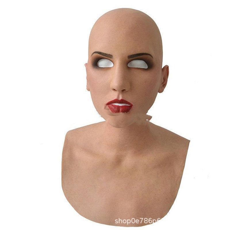 Bust with a bald head and painted eyes and lips on a white background
