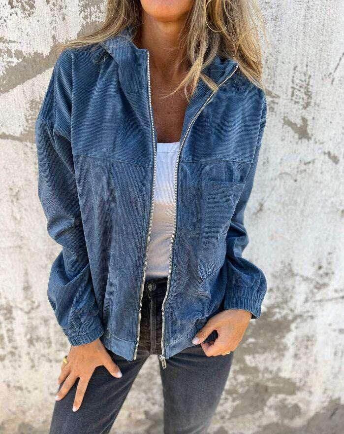 Women’s Corduroy Hooded Jacket with Zipper - ZA-Zola