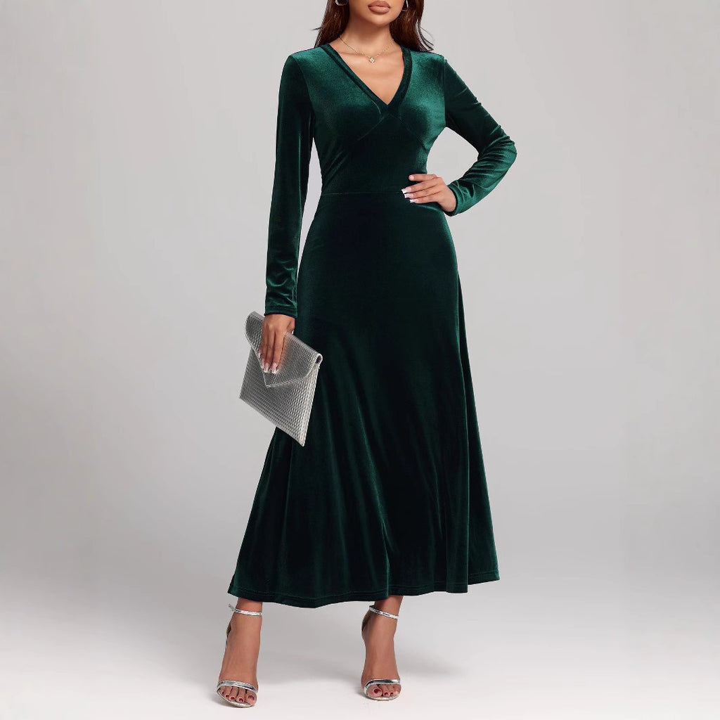 V Neck Velvet Dress | Long Sleeve Velvet Evening Dress 