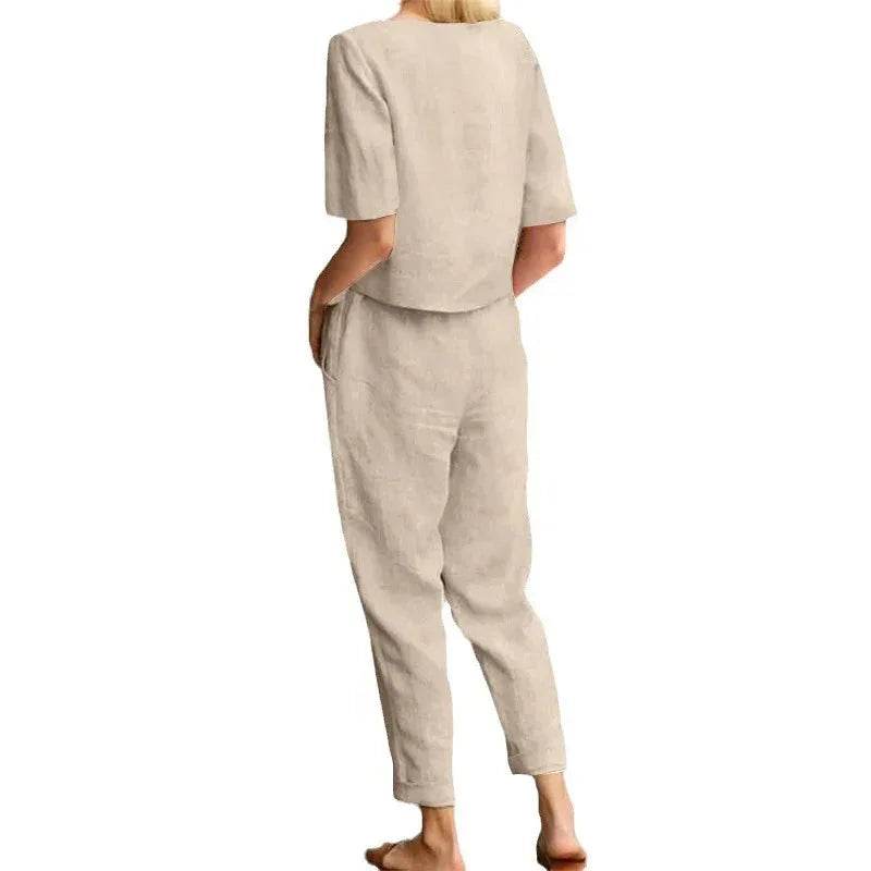 Woman in beige linen two-piece set from ZA-Zola, trendy UK fashion apparel