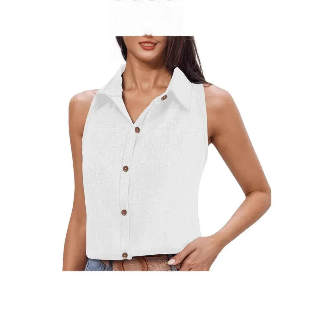 Cotton Linen Lapel Sleeveless Loose Shirt Top - ZA-Zola