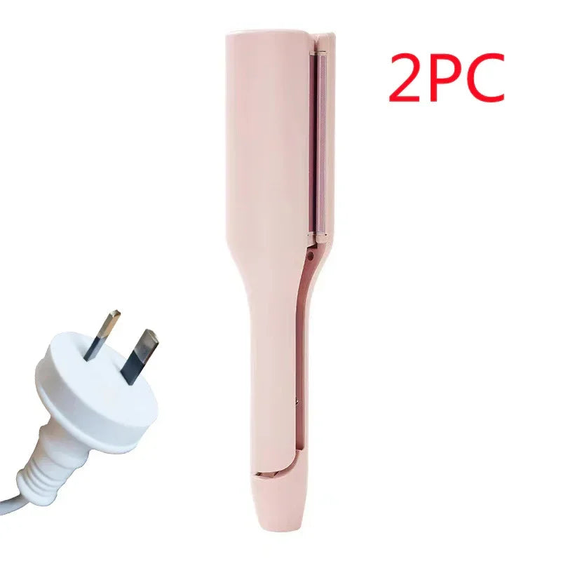 Pink electric hair styling tool with plug and 2PC text for women's beauty care