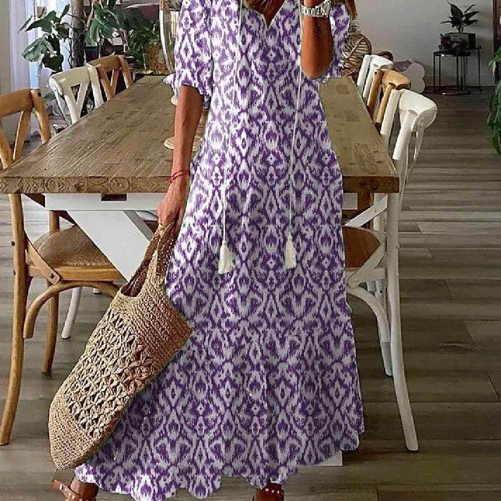 Floral V-Neck Long Dress – Elegant & Flowy Fit - ZA-Zola