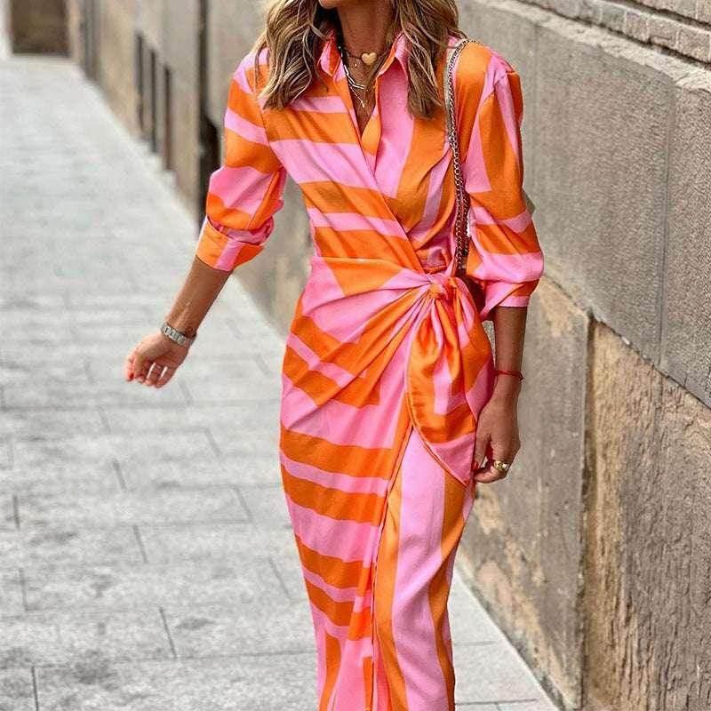Striped Lace-Up Cardigan Style Mid Dress - ZA-Zola