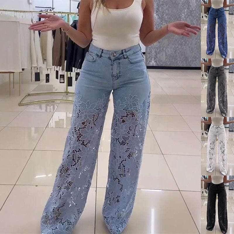 Y2K Lace Hollow Wide Leg Jeans – High Waist Fit - ZA-Zola