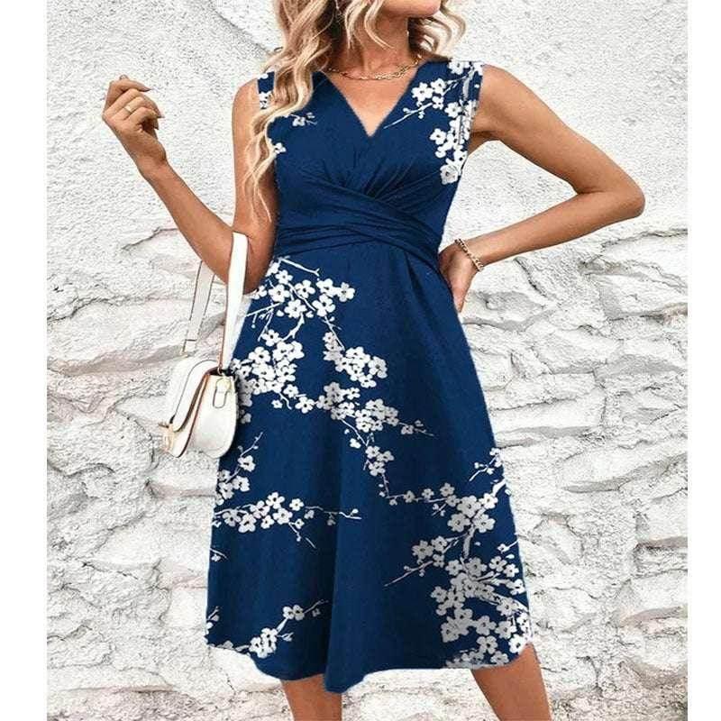 Light Blue Printed Cross V‑Neck Mid‑Length Dress - ZA-Zola