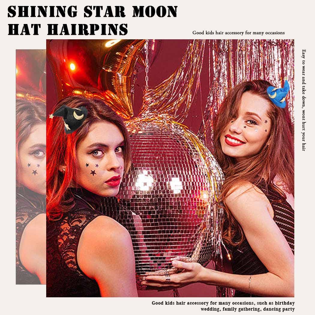 Two women with decorative hairpins posing in front of a disco ball with festive lights and decorations.