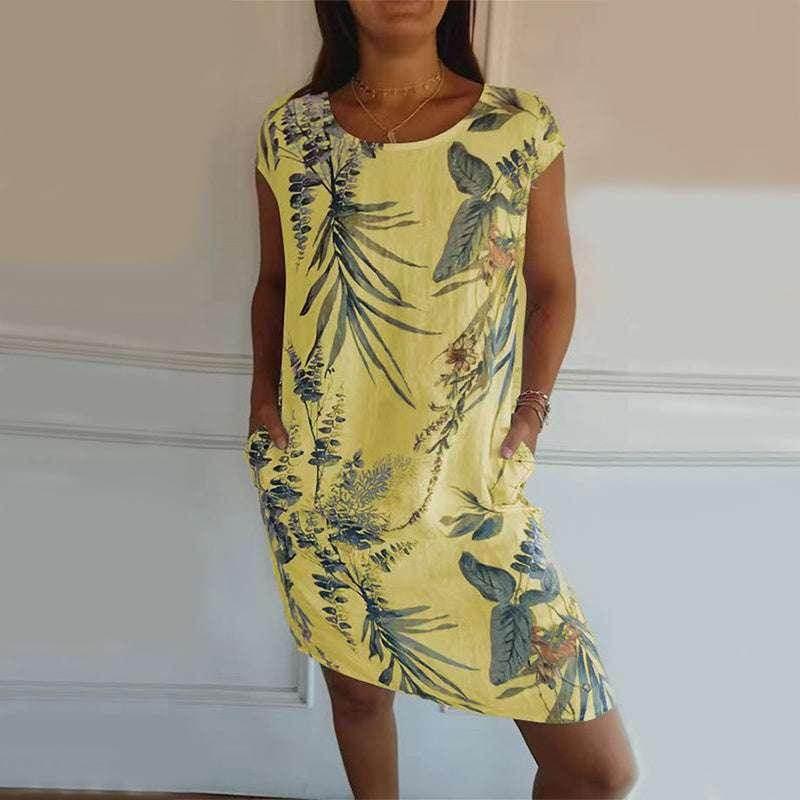 Floral Leaf Print Cotton Summer Dress with Pockets - ZA-Zola