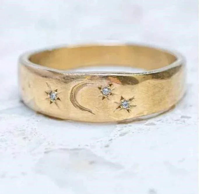 Star & Moon Adjustable Ring | Gold Gemstone Charm - ZA-Zola
